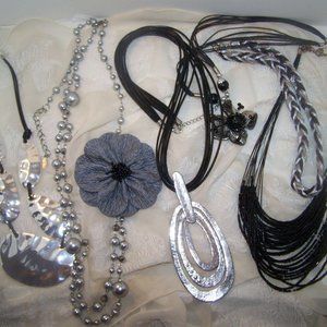 Necklace Lot-6 Statement Silver Tone Black Flower